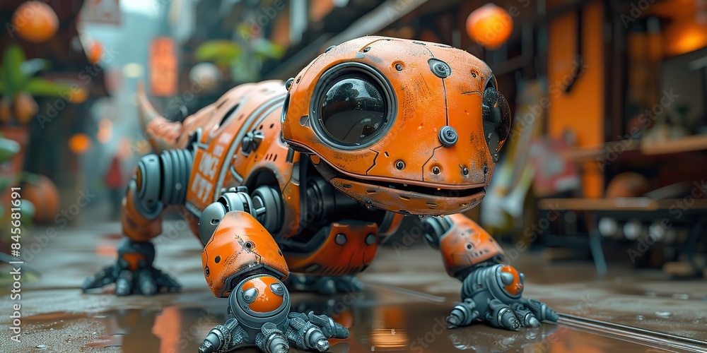 a robotic dinosaur or lizard pet toy with a smiling expression mixed with d digital illustration and matte painting a robotic dinosaur or lizard pet toy with a smiling expression mixed with d digital illustration and matte painting
