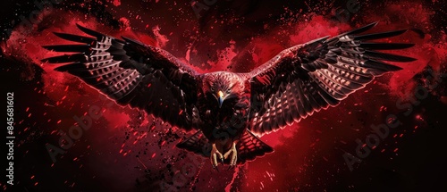 A photo of a red hawk with wings spread wide, surrounded by dynamic red and black abstract splashes.