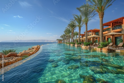 A Long Infinity Pool With Palm Trees and Ocean Views in a Sunny Resort