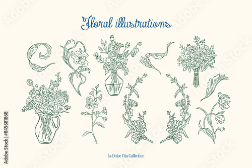 Minimalist hand drawn botanical vector illustration collection. Art for greeting cards, wedding invitations, poster design, postcards, branding, logo design, background.