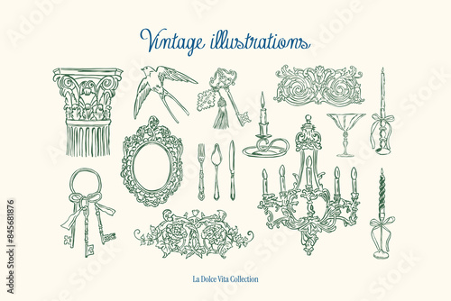 Minimalist hand drawn vintage vector illustration collection. Art for greeting cards, wedding invitations, poster design, postcards, branding, logo design, background.