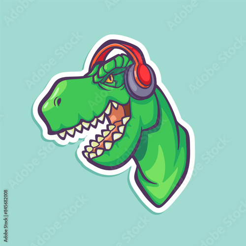 Vector hand-drawn illustration of tyrannosaurus in headphones isolated on white. Cartoon sticker with cool dinosaur. T-rex in comic style.