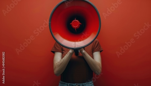 Person Holding A Red Megaphone In Front Of A Red Wall