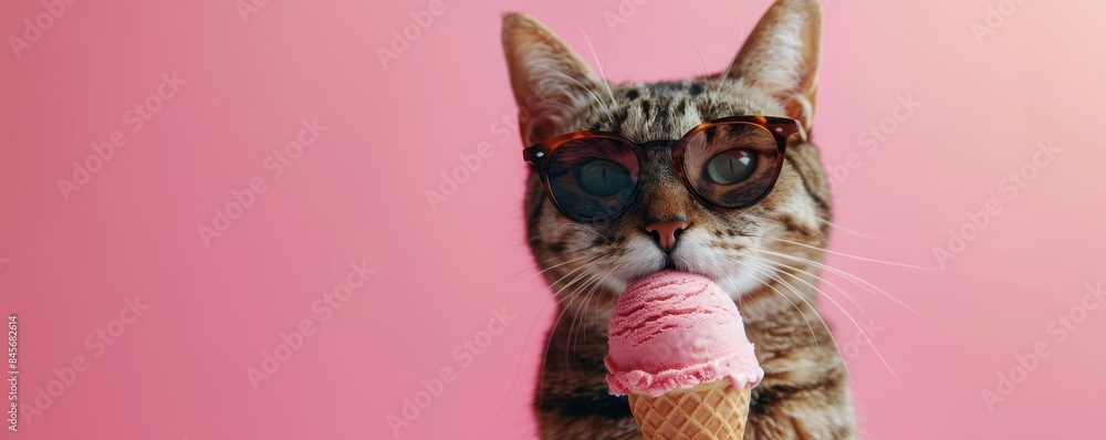 Cat with sunglasses enjoying an ice cream, clean minimal design, pastel background Cat with sunglasses enjoying an ice cream, clean minimal design, pastel background