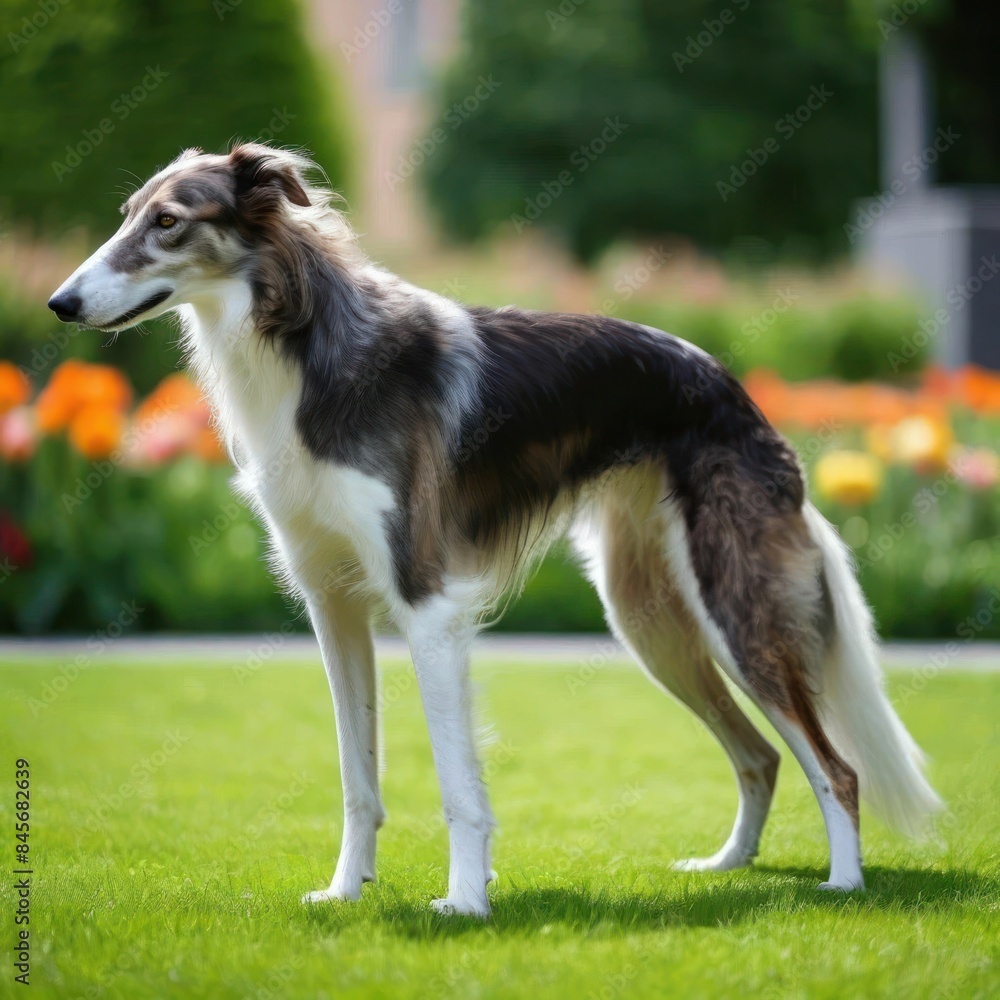 A Russian greyhound stands in a bright garden - an image generated by artificial intelligence A Russian greyhound stands in a bright garden - an image generated by artificial intelligence