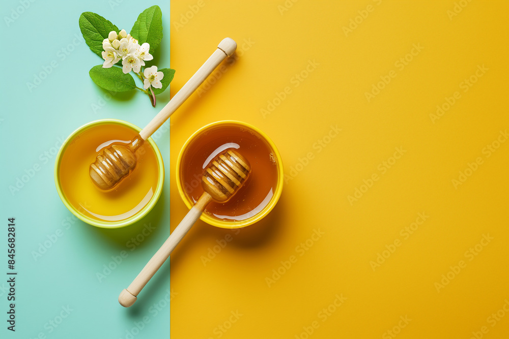 Bowls of light honey with honey dipper on yellow background. Natural sweetness, alternative medicine, ideal natural home remedy for flu and colds. Banner with copy space.
Bowls of light honey with honey dipper on yellow background. Natural sweetness, alternative medicine, ideal natural home remedy for flu and colds. Banner with copy space.