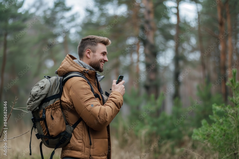 A man with a backpack hikes through a forest on a cloudy autumn day. He is smiling and looking at his phone. A man with a backpack hikes through a forest on a cloudy autumn day. He is smiling and looking at his phone.