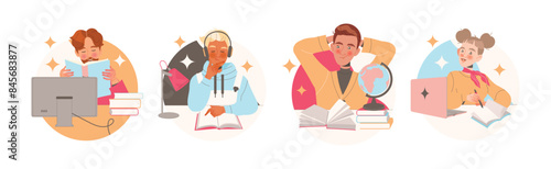 Learning People Character Sitting at Desk with Book and Computer Studying and Gaining Knowledge Vector Set