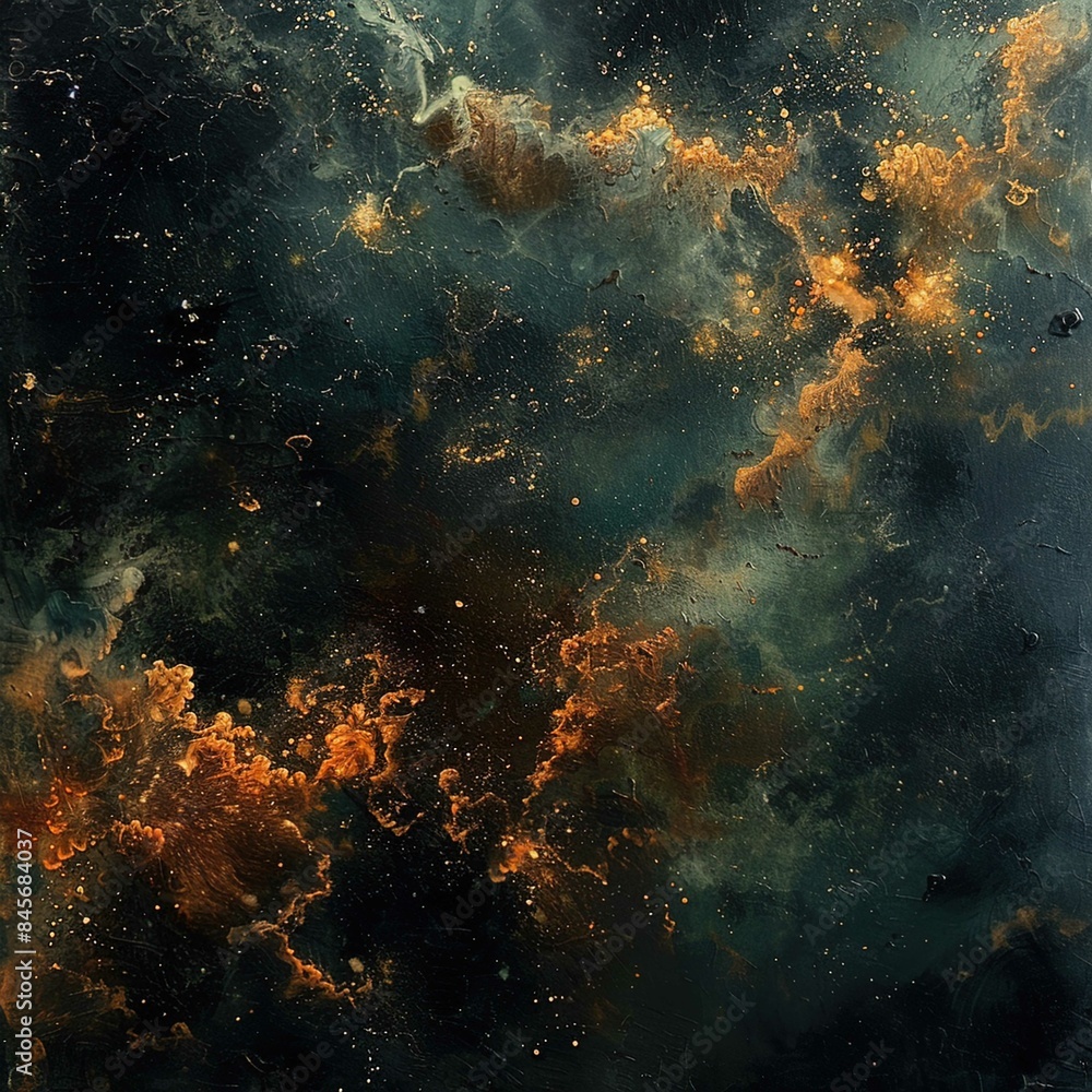 Obraz premium The image depicts a visually striking abstract representation of a cosmic scene or nebula. It features an intricate blend of dark, deep space tones with vibrant bursts of golden, copper, and green hue
