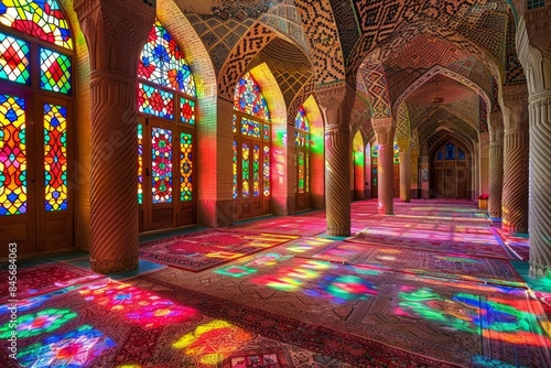 Nasir Al-Mulk Mosque in Shiraz, Iran, also known as Pink Mosque. A beautiful photo of the inside of an ancient mosque with colorful stained glass windows and intricate patterns on its walls