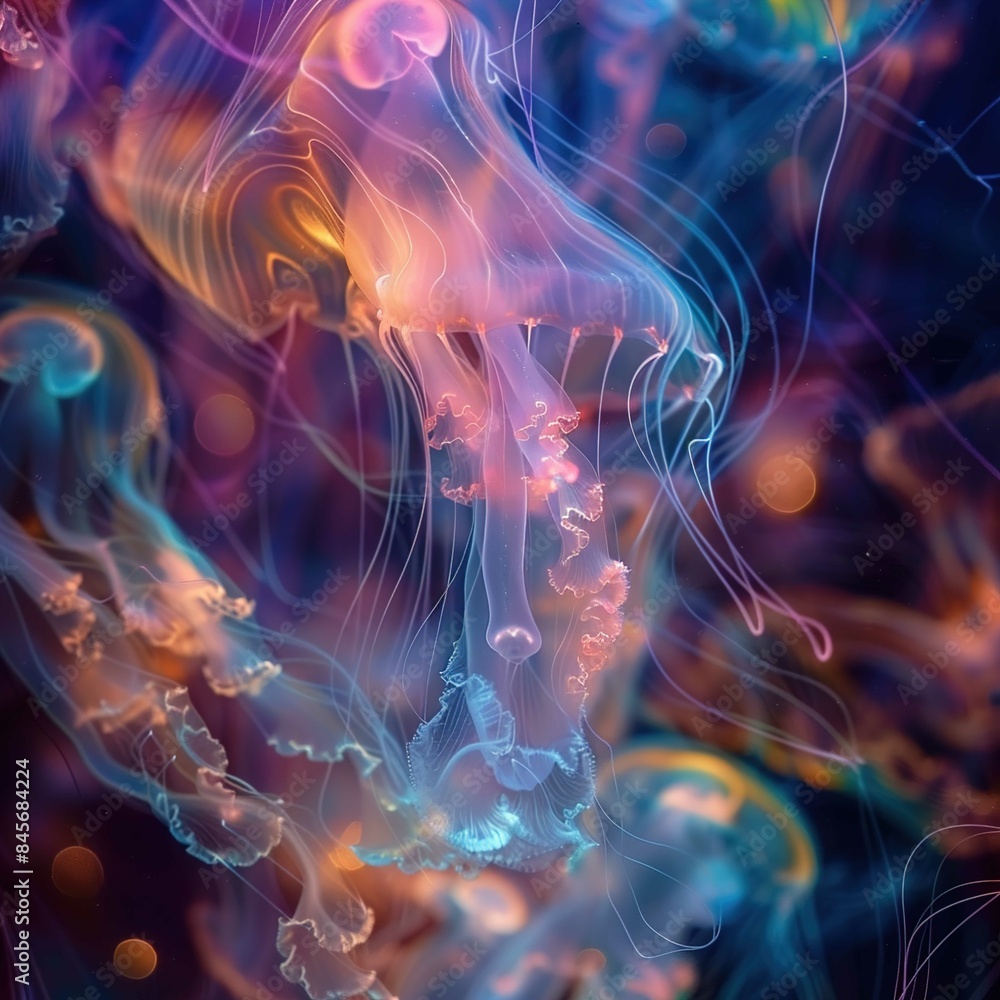 A mesmerizing close-up image of jellyfish swimming in the water, illuminated with vibrant, multi-colored neon lights. The jellyfish appear ethereal, with translucent bodies that glow in shades of purp A mesmerizing close-up image of jellyfish swimming in the water, illuminated with vibrant, multi-colored neon lights. The jellyfish appear ethereal, with translucent bodies that glow in shades of purp