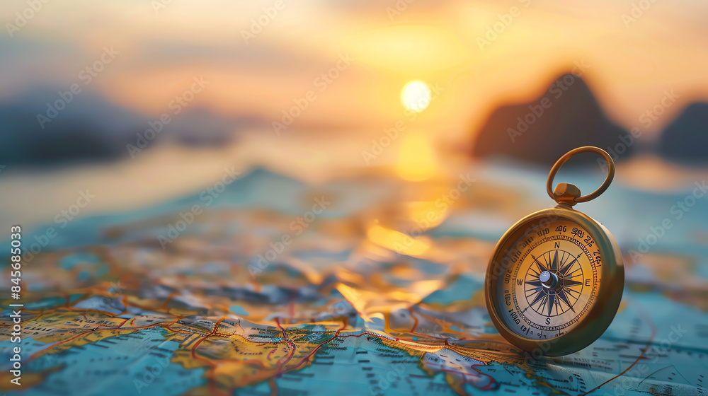 Obraz premium Close-up of a compass on a map with a beautiful sunset in the background, symbolizing adventure, direction, and exploration.