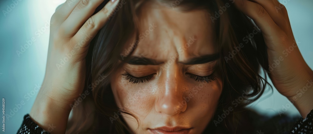 Obraz premium A beautiful woman with closed eyes and a serene expression, holding her head with both hands.