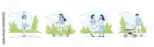 People Character Walking in the Park Outline Vector Set