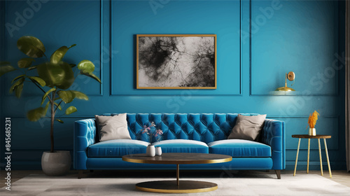 Sleek and Stylish Grey interior with stylish upholstered blue sofa and lamp against paneling wall. Minimalist loft home interior design of modern living room.