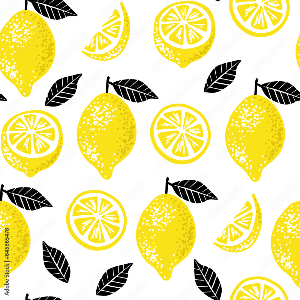 Seamless summer pattern with slices and whole lemons. Vector illustration. Template for print, textile, wallpaper cover and box design. Seamless summer pattern with slices and whole lemons. Vector illustration. Template for print, textile, wallpaper cover and box design.