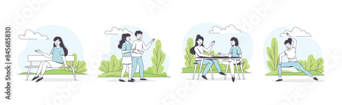People Character Walking in the Park Outline Vector Set