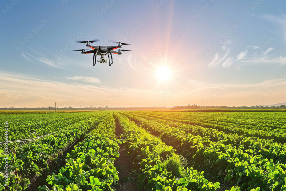 Drone Monitoring, Drones surveying vast, lush fields with diverse crops and clear skies, highlighting AIs role. Drone Monitoring, Drones surveying vast, lush fields with diverse crops and clear skies, highlighting AIs role.