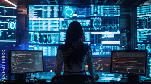 A medium shot shows a woman working as a developer in a monitoring room with big screens surrounding her and showing lines of code. Female Programmer Analyzing Data on a Desktop Computer