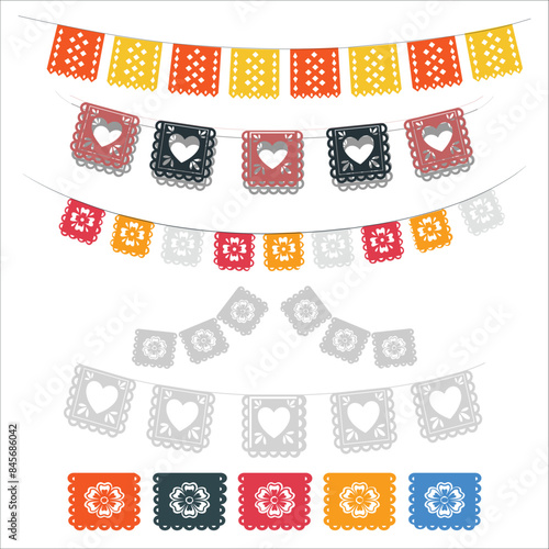 Dia de los Muertos. Decorative garland Papel Picado with floral ornament and skull. Mexican papel picado, pecked paper laces hanging on string. Mexico decoration for Dia de los Muertos means Day. 2308
