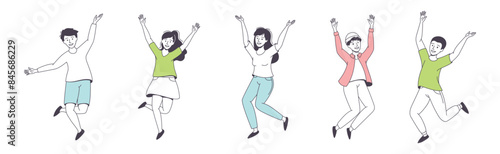 Happy People Character Jumping with Raised Hands Feeling Delight Vector Set © Happypictures