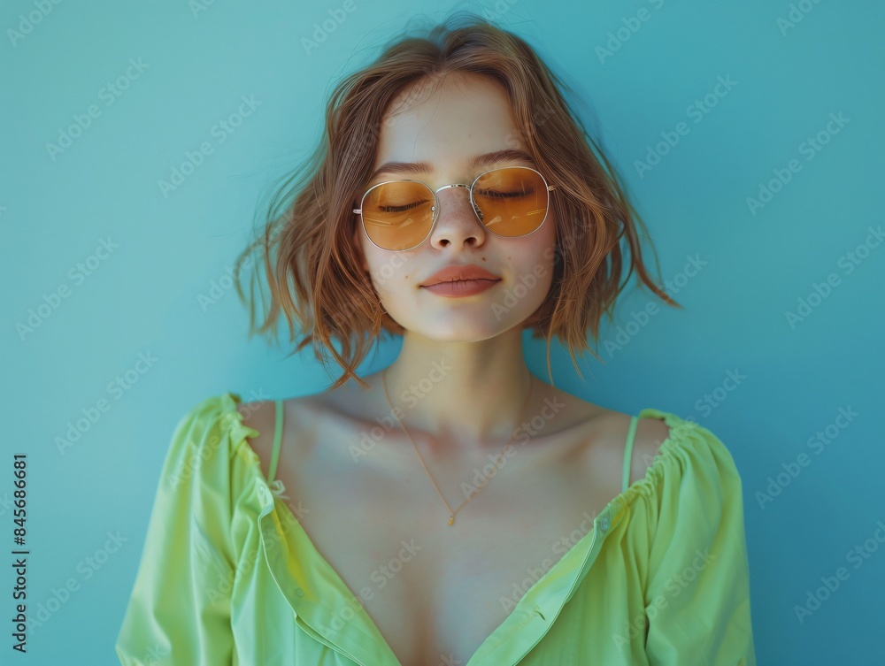 Woman in sunglasses and green shirt Woman in sunglasses and green shirt