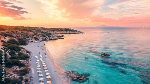 An amazing beach with white umbrellas and a turquoise sea at sunset seen from above. Sardinia in Italy and the Mediterranean Sea