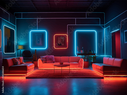 A living room bathed in ambient neon lights, adjusting to moods as effortlessly as a DJ mixes beats.