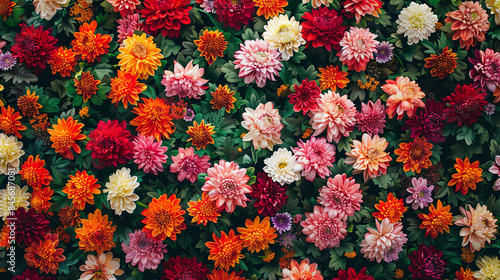 Vivid assortment of colorful dahlias in full bloom, showcasing a vibrant palette of reds, oranges, pinks, and purples against lush green foliage. © arhendrix