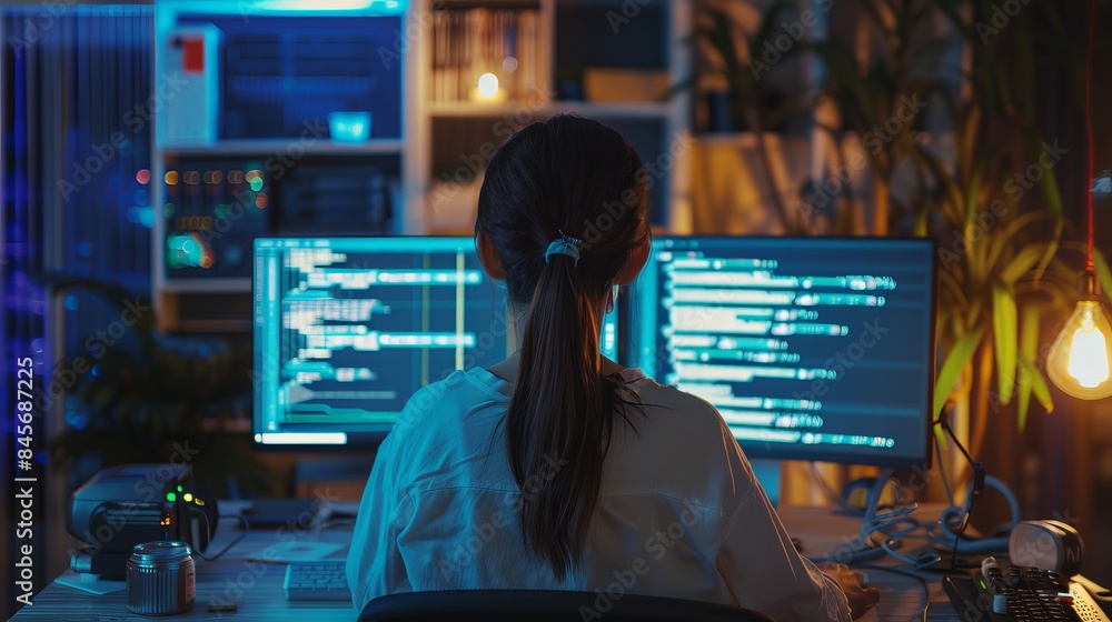 Back view of a young Asian woman working as a freelance home as an IT technician working on an artificial intelligence project and a coding programmer for big data mining and AI data engineering Back view of a young Asian woman working as a freelance home as an IT technician working on an artificial intelligence project and a coding programmer for big data mining and AI data engineering