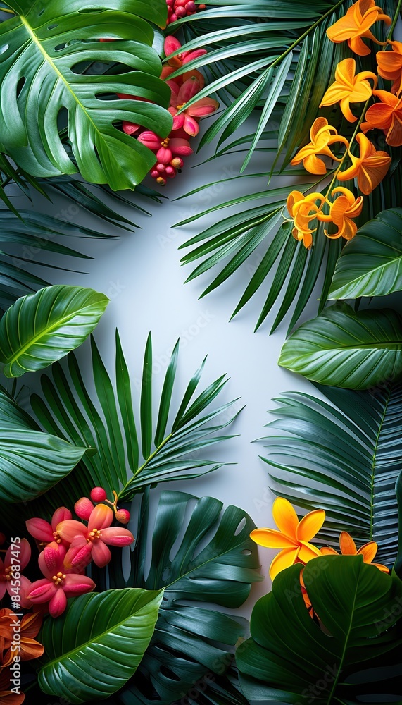 Fototapeta premium Abstract golden light airy background with tropical plants, space rof text