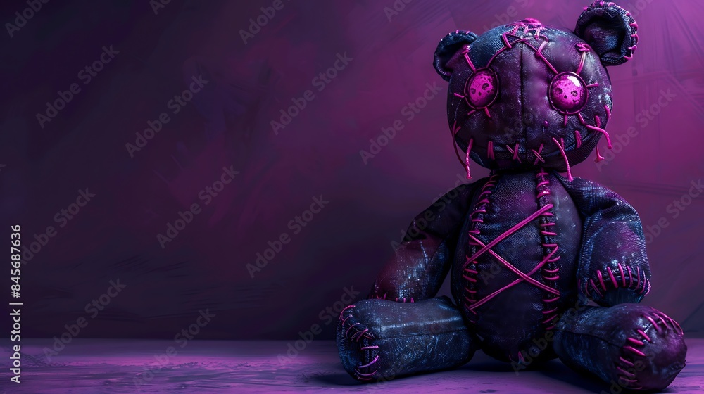 A cute looking but dangerous voodoo doll dark purple background
