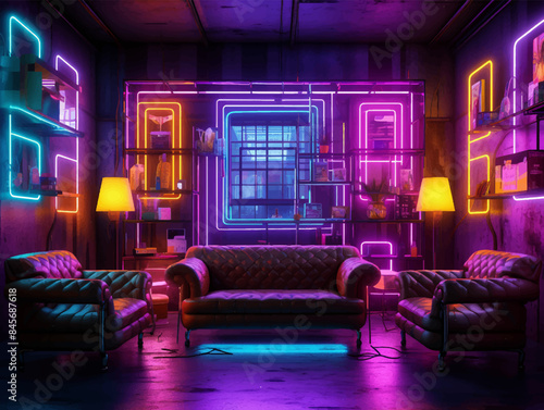 A living room bathed in ambient neon lights, adjusting to moods as effortlessly as a DJ mixes beats.