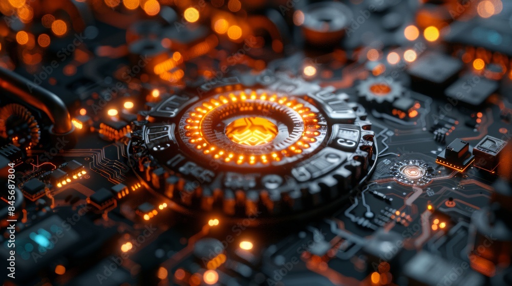 network cog abstract symbol in center, stock photo design neural ...