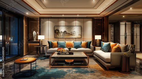 Luxury hotel living room with modern decor, rich textures, and artistic touches