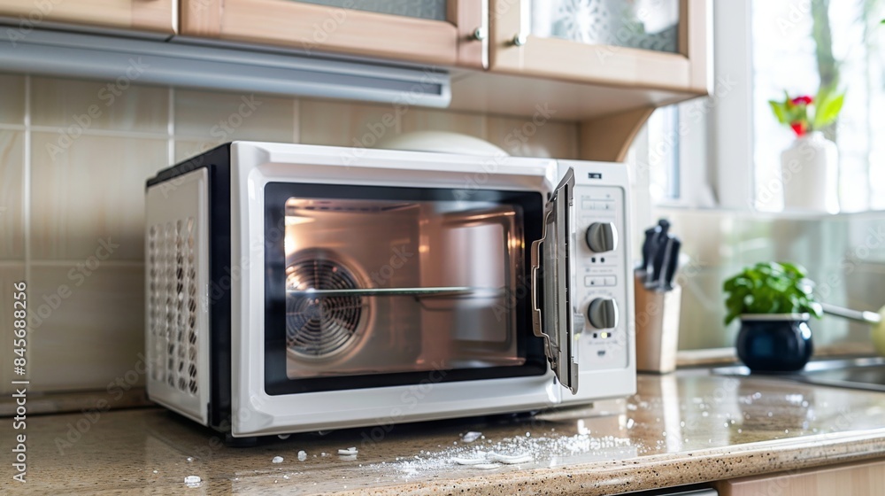 A white microwave oven with the door open, sitting on a kitchen counter. There are white splatters around the oven on the counter. A white microwave oven with the door open, sitting on a kitchen counter. There are white splatters around the oven on the counter.