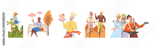 Pensioner Characters Engaged in Different Hobby Activity on Retirement Vector Set