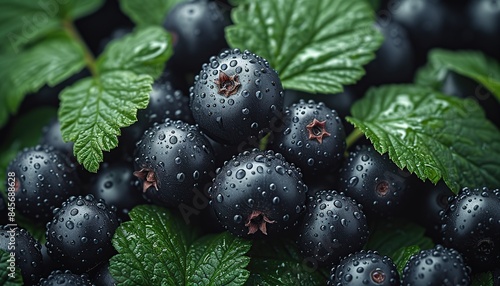 A close-up photo of blackcurrant berries with leaves, berries with dew drops, blackcurrant background