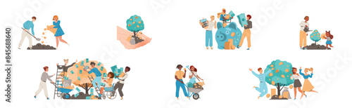 People Character Growing Money Tree with Golden Coins Vector Set