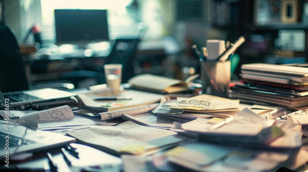 A messy desk with a laptop, a stack of papers, and various office supplies. A messy desk with a laptop, a stack of papers, and various office supplies.