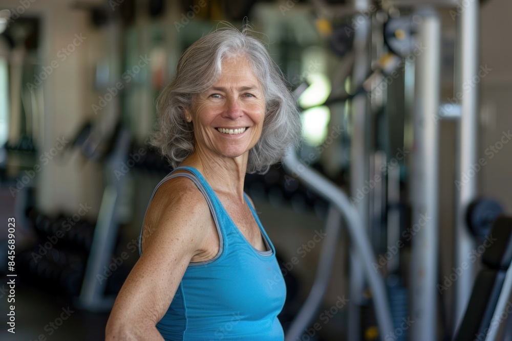 Obraz premium Joyful Senior Asian Woman Embracing Fitness and Health at the Gym - Generative ai