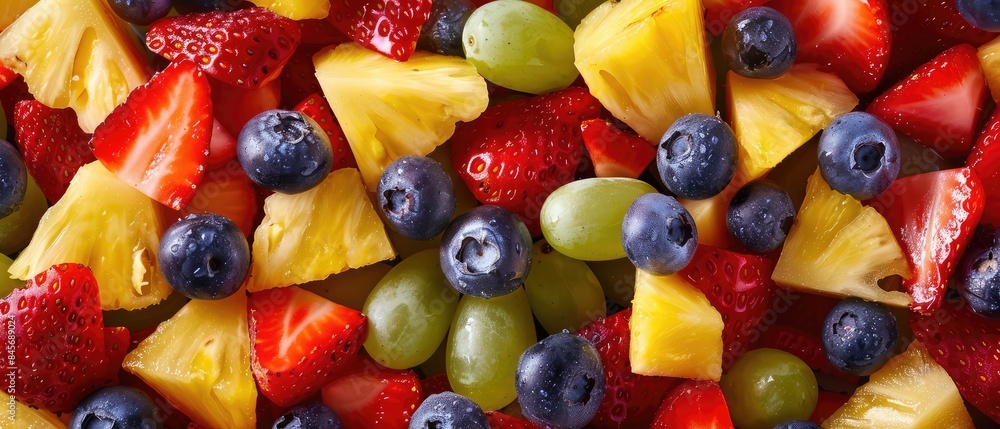 A vibrant fruit salad featuring strawberries, blueberries, grapes, raspberries, and pineapple chunks. A vibrant fruit salad featuring strawberries, blueberries, grapes, raspberries, and pineapple chunks.