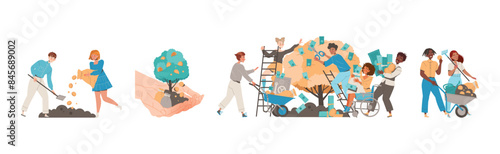 People Character Growing Money Tree with Golden Coins Vector Set