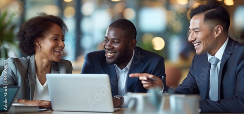 Three businesspeople are seated at a table in an office setting, discussing a laptop. They are all smiling and engaged in conversation.