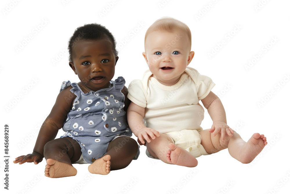 Two cute babies sitting on the floor, transparent background Two cute babies sitting on the floor, transparent background