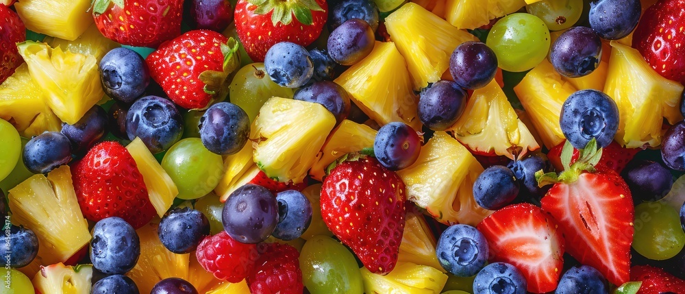 A vibrant fruit salad featuring strawberries, blueberries, grapes, raspberries, and pineapple chunks. A vibrant fruit salad featuring strawberries, blueberries, grapes, raspberries, and pineapple chunks.