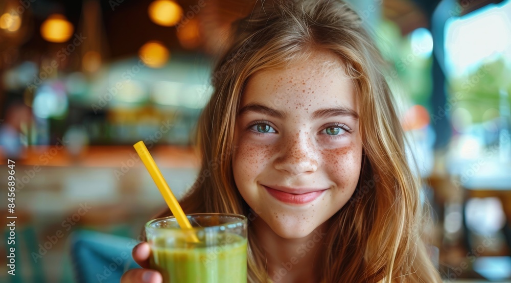 Young Girl Smiling With a Green Smoothie at a Cafe