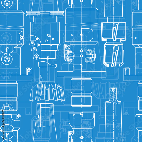 Mechanical engineering drawings on blue background. Tap tools, borer. Technical Design. Cover. Blueprint. Seamless pattern. Vector illustration.