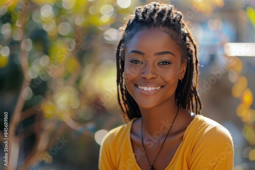 Young Woman With Curly Hair Smiling in Front of a Wall