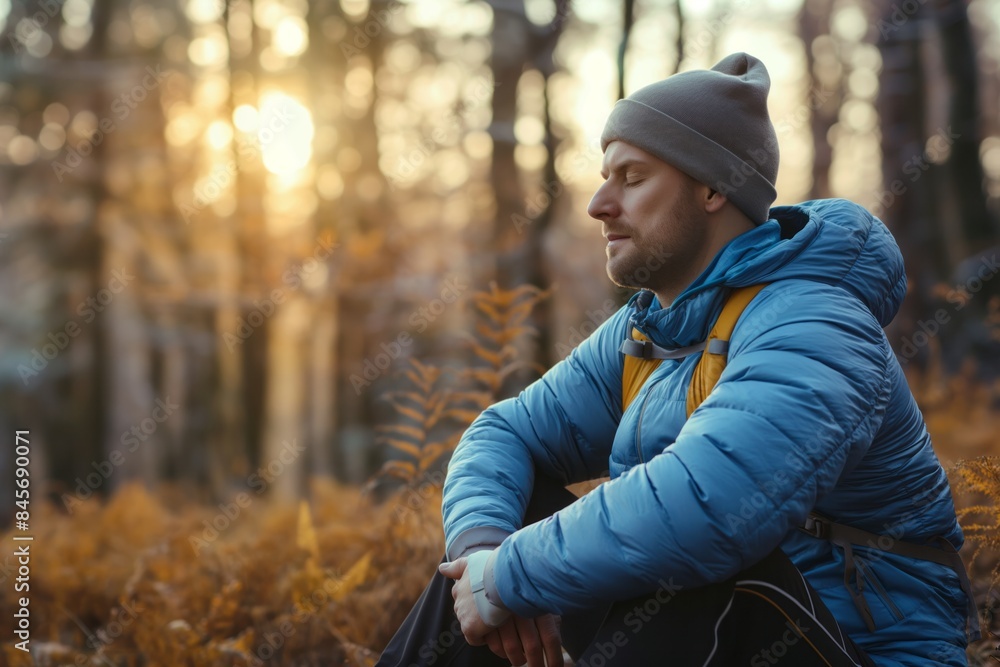 A young man sits with eyes closed, taking a deep breath in a forest setting, as the afternoon sun casts a warm glow through the trees. A young man sits with eyes closed, taking a deep breath in a forest setting, as the afternoon sun casts a warm glow through the trees.